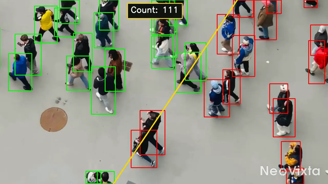 Overhead footage of a busy plaza with every person tracked by a coloured box.